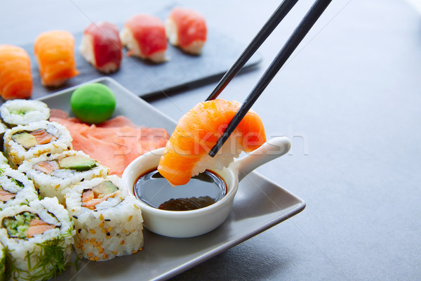 Sushi Maki and Niguiri soy sauce and wasabi Stock photo © lunamarina