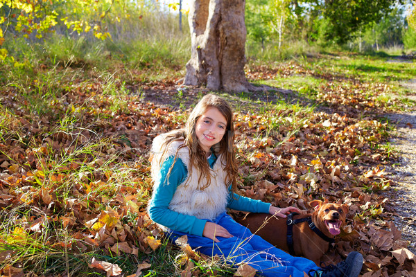 Stockfoto: Najaar · kid · meisje · huisdier · hond