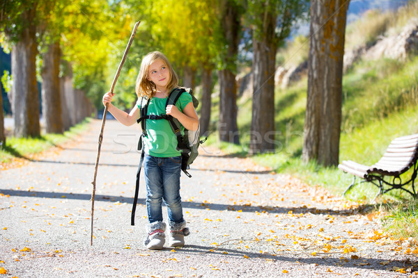 Blond explorer kid girl walking with backpack in autumn trees Stock photo © lunamarina