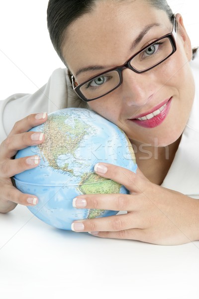Сток-фото: синий · глобальный · Мир · карта · деловая · женщина · рук · сфере