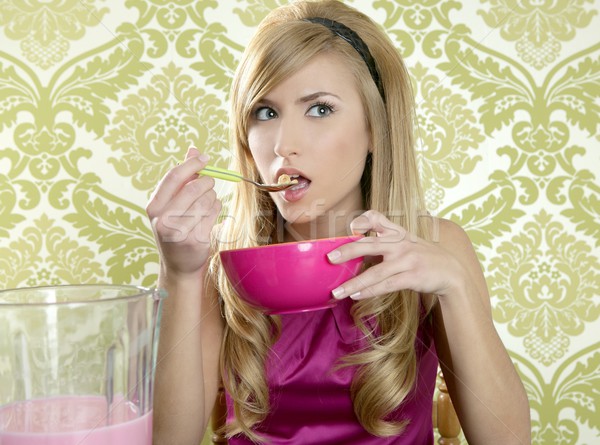 Stock photo: Retro woman breakfast eating corn flakes