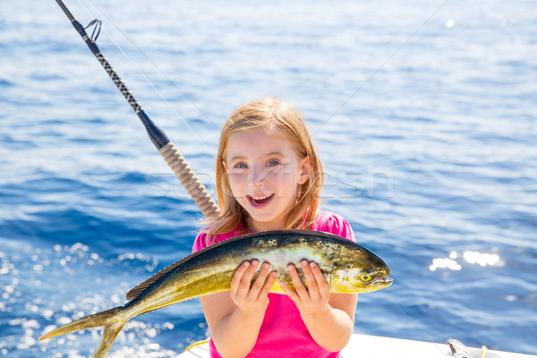 Szőke gyerek lány halászat hal boldog Stock fotó © lunamarina