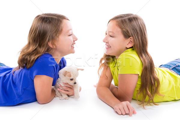 happy twin sister kid girls and puppy dog lying Stock photo © lunamarina