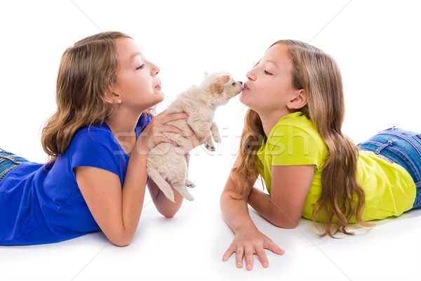 happy twin sister kid girls kissing puppy dog lying Stock photo © lunamarina