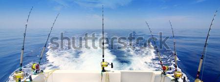 Trolling offshore fisherboat rod reels wake sea Stock photo © lunamarina