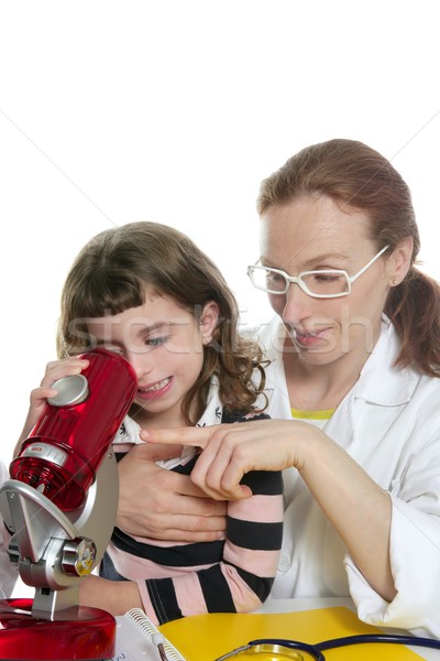 Stockfoto: Arts · vrouw · leraar · microscoop · naar · speelgoed
