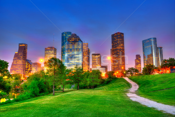 Stock photo: Houston Texas modern skyline at sunset twilight on park