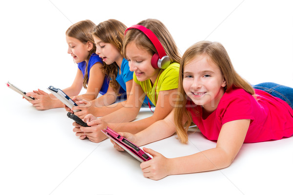 Stock foto: Schwestern · kid · Mädchen · Tech · Zeile · glücklich