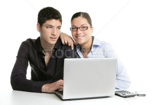 Foto stock: Trabajo · en · equipo · cooperación · portátil · blanco · mesa