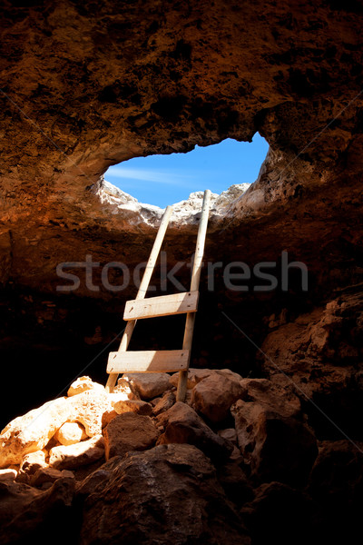 Barbaria cape cave hole with rustic ladder on wood Stock photo © lunamarina