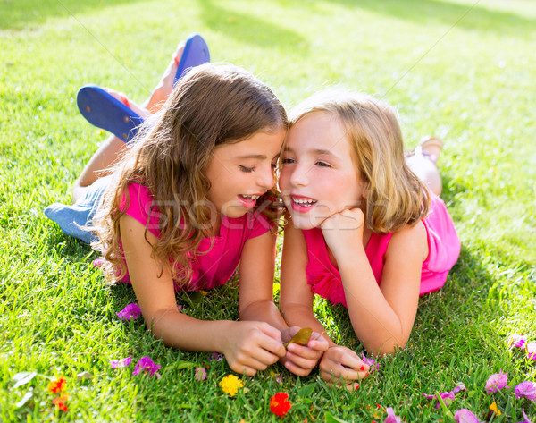 Enfants filles jouer chuchotement fleurs herbe [[stock_photo]] © lunamarina