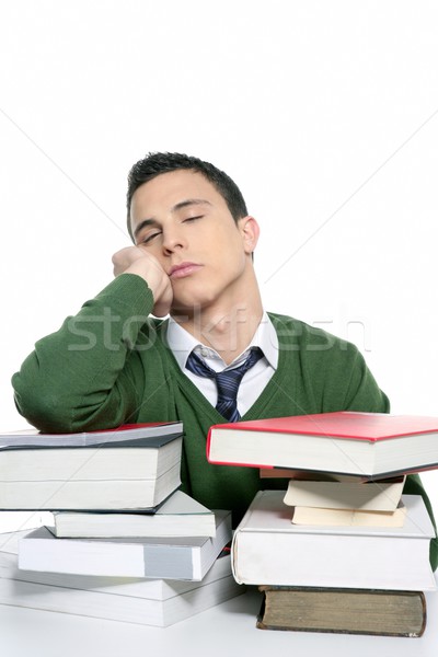 Boy Student Sleeping Over Stack Books Over Desk Stock Photo C Tono