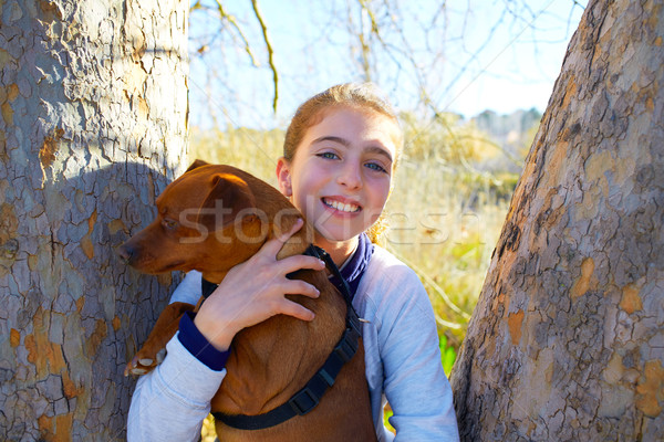 Autumn kid girl with pet dog relaxed in fall forest Stock photo © lunamarina