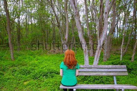 Einsamen Frau Rückansicht schauen Wald Sitzung Stock foto © lunamarina