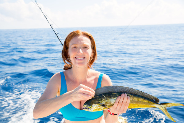 женщину рыбалки рыбы счастливым Троллинг Сток-фото © lunamarina