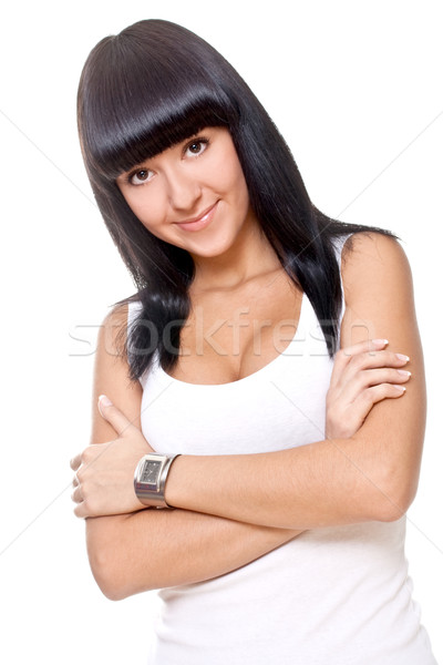 Gyönyörű nő fehér póló izolált nő mosoly Stock fotó © Lupen
