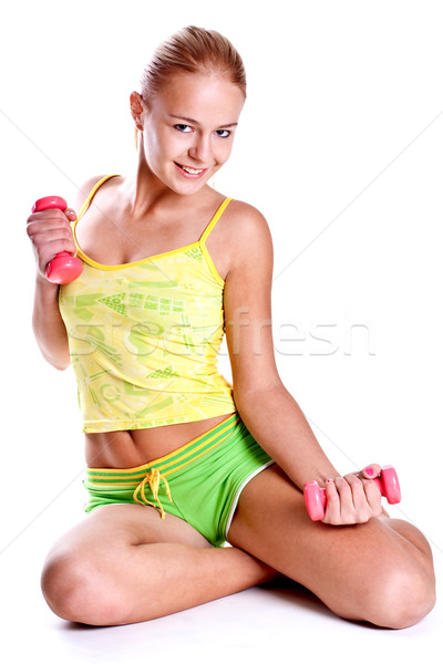 розовый гантели рук женщины белый спорт Сток-фото © Lupen