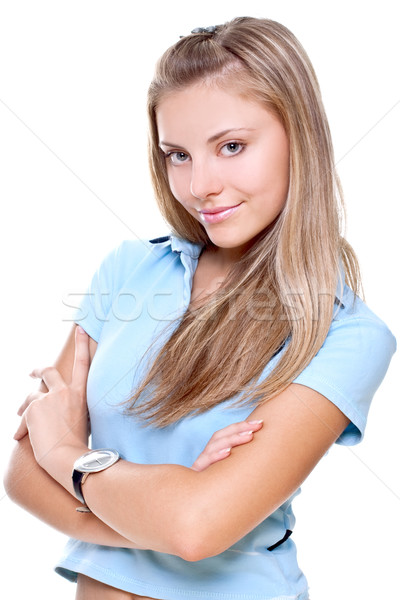 Mooie vrouw Blauw tshirt witte geïsoleerd vrouw Stockfoto © Lupen
