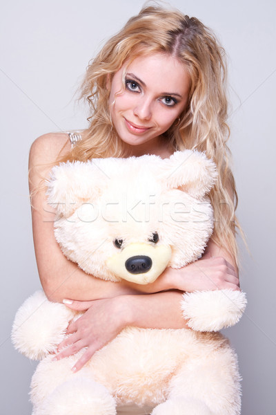 Mooi meisje teddybeer grijs vrouw portret beer Stockfoto © Lupen