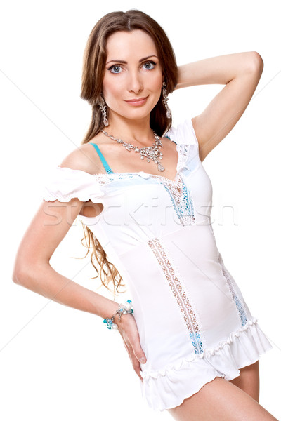 Gyönyörű nő fehér ruha fehér izolált nő szem Stock fotó © Lupen