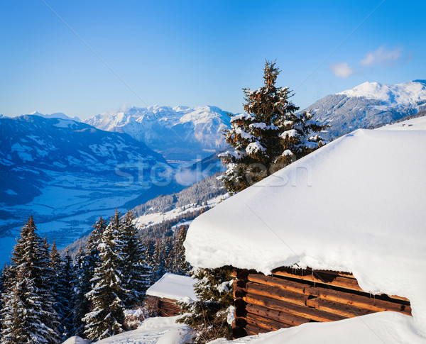 Stock fotó: Alpesi · díszlet · tájkép · ház · hegyek · délelőtt