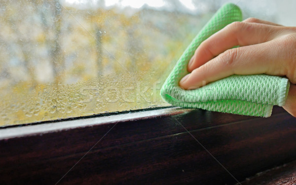 Curăţenie apă condensare fereastră femeie casă Imagine de stoc © mady70