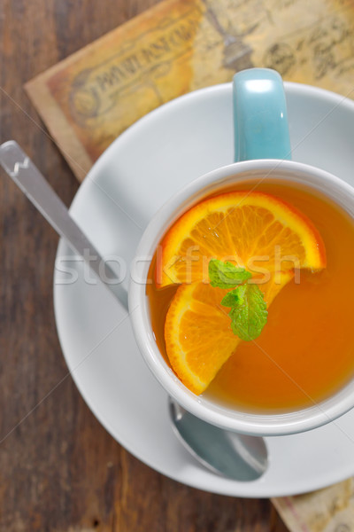 [[stock_photo]]: Thé · orange · tranches · vieux · bois · table · bois