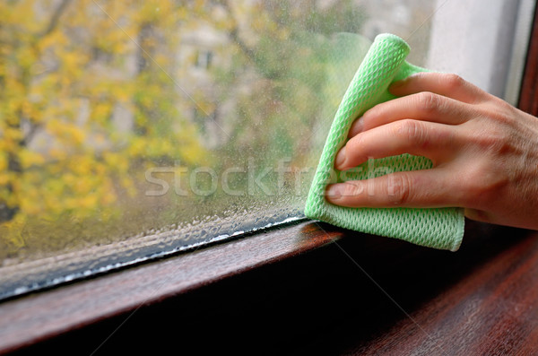 Czyszczenia wody kondensacja okno kobieta domu Zdjęcia stock © mady70