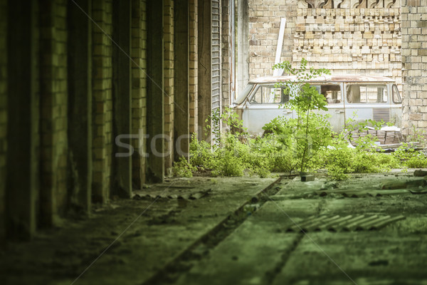 Starych zapomniany samochodu obraz budynku roślin Zdjęcia stock © magann