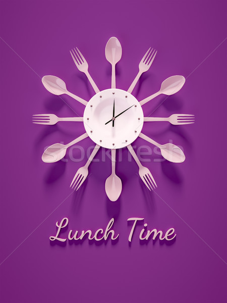 Paars bestek klok lunch tijd 3d illustration Stockfoto © magann