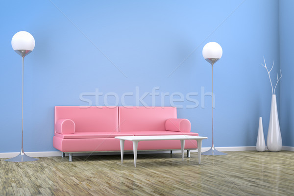 Albastru cameră canapea propriu continut lemn Imagine de stoc © magann