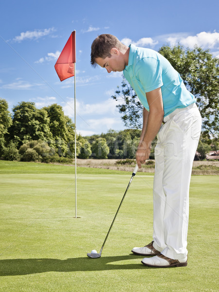 Foto stock: Jogador · de · golfe · imagem · jovem · masculino · nuvens · homem