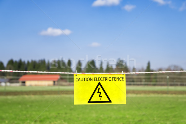 Stock photo: electric fence at a green meadow