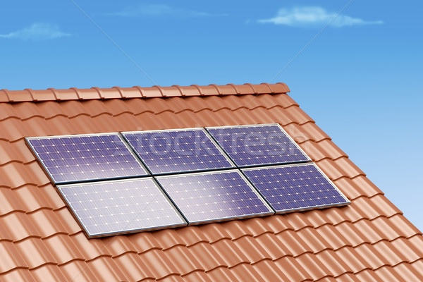 Panele słoneczne dachu budynku 3d ilustracji domu budowy Zdjęcia stock © magraphics
