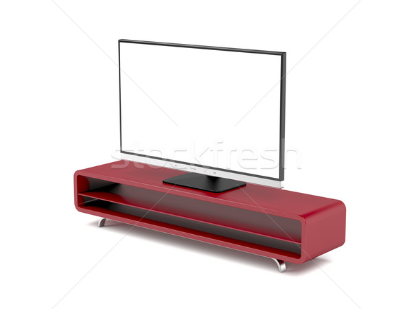 Cu ecran plat televizor stand alb televiziune acasă Imagine de stoc © magraphics