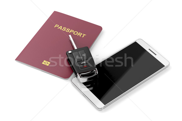 智能手機 護照 車鑰匙 白 汽車 旅行 商業照片 © magraphics