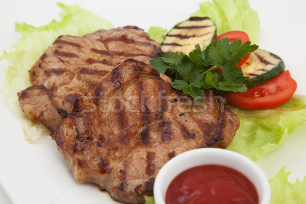 Stockfoto: Gegrild · vlees · foto · plaat · groene · vlees · salade