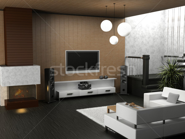 Camera de zi modern interior 3D casă lumina Imagine de stoc © maknt