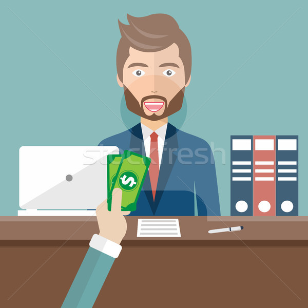 Bank teller sitting behind glass. Man clerk in a bank office receiving money. Flat vector illustrati Stock photo © makyzz
