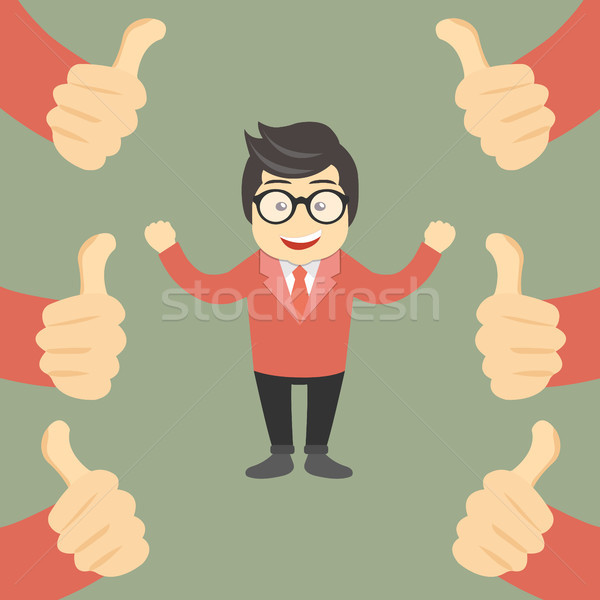 Business compliment concept. Happy and proud businessman with many thumbs up hands around him. Flat  Stock photo © makyzz