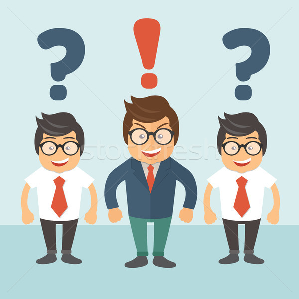 Leadership concept. People standing near business leader with question marks above their heads. Busi Stock photo © makyzz