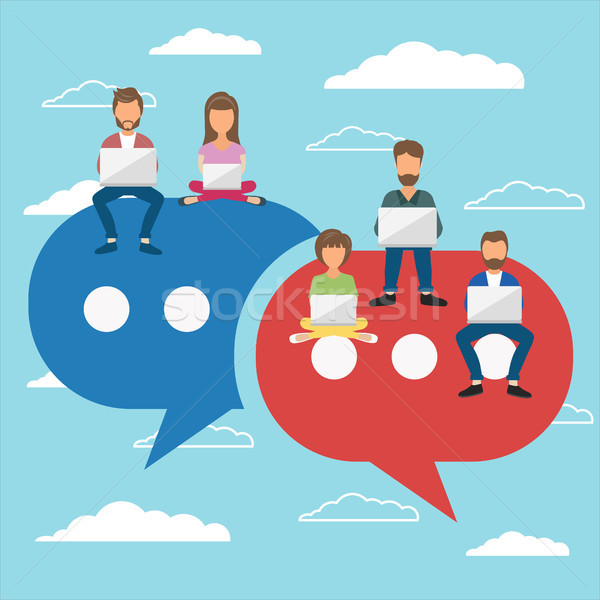 People sitting on big symbols. Speech bubbles for comment and reply concept. Flat vector illustratio Stock photo © makyzz