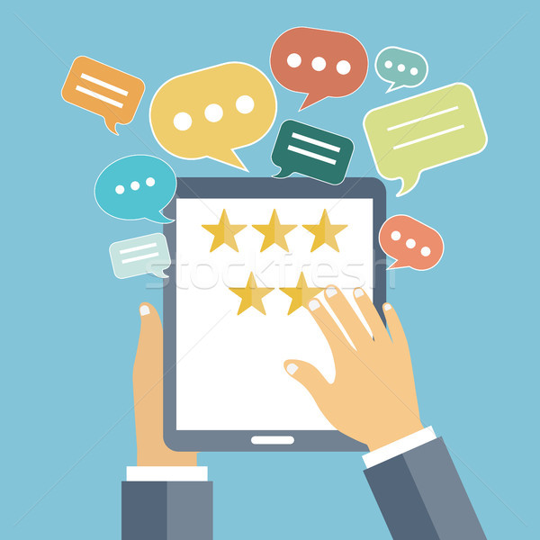 Rating on customer service illustration. Hands holding tablet with five stars. Website rating feedba Stock photo © makyzz
