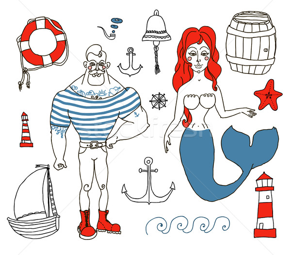  set with sailor, lighthouse, mermaid, ship and other. Stock photo © Mamziolzi