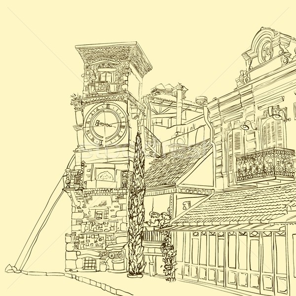 Tbilisi, Georgia, a sketch of a curve tower with a clock and an art cafe near Puppet Theater Stock photo © Mamziolzi