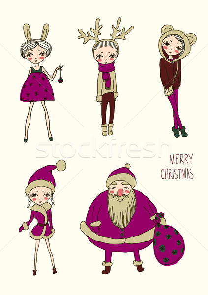 Foto stock: Navidad · funny · ninas · establecer · vector