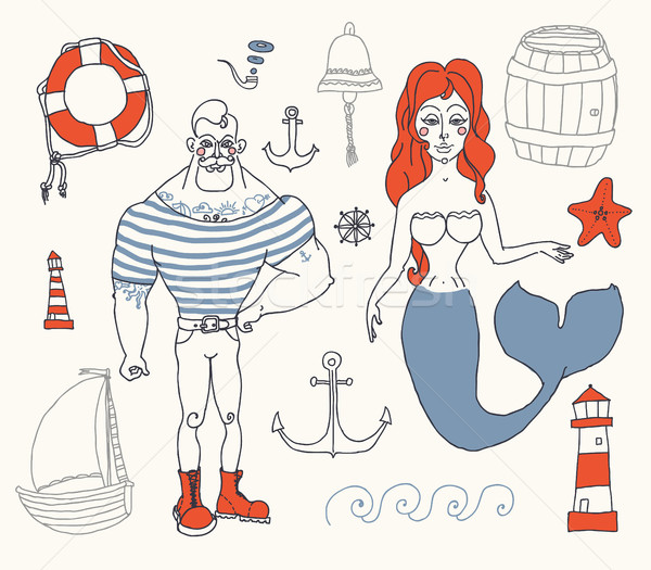  set with sailor, lighthouse, mermaid, ship and other. Stock photo © Mamziolzi