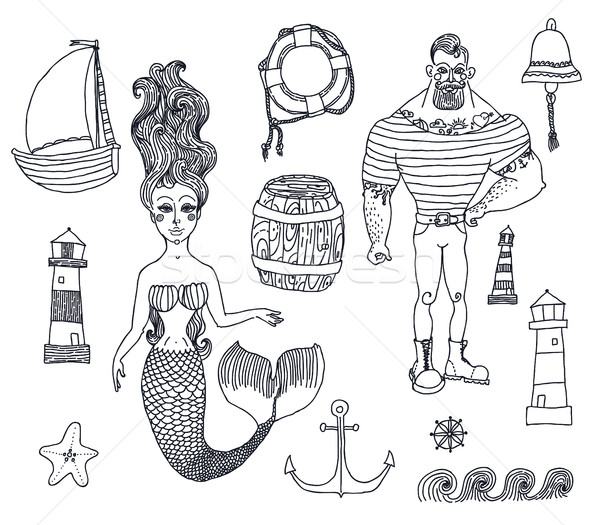  set with sailor, lighthouse, mermaid, ship and other. Stock photo © Mamziolzi