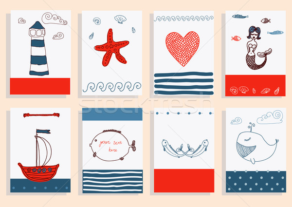 greeting card set cute sea objects collection. Stock photo © Mamziolzi