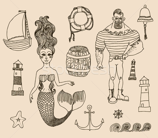  set with sailor, lighthouse, mermaid, ship and other. Stock photo © Mamziolzi
